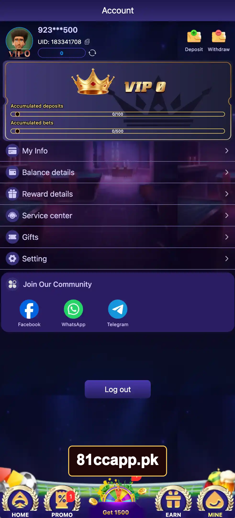 81CC account menu and profile tools